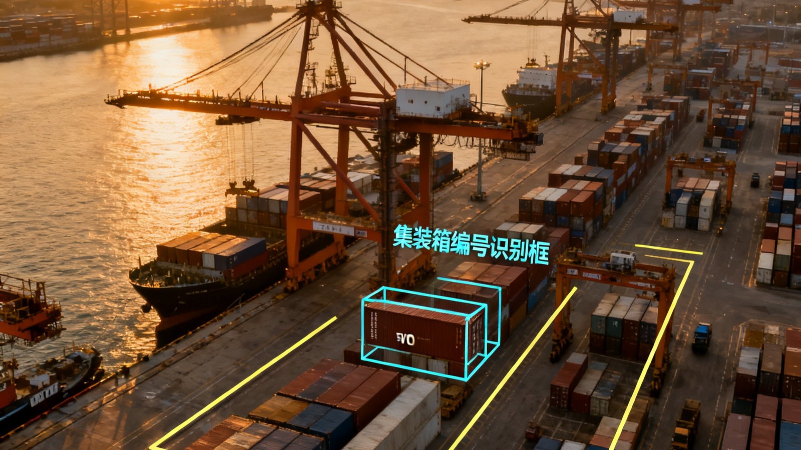沿海港口集装箱码头高空俯瞰视角，龙门吊和集装箱堆场清晰可见，画面中叠加了EVO视讯AI视觉系统生成的集装箱编号识别框和作业安全区域线，夕阳下港口繁忙有序